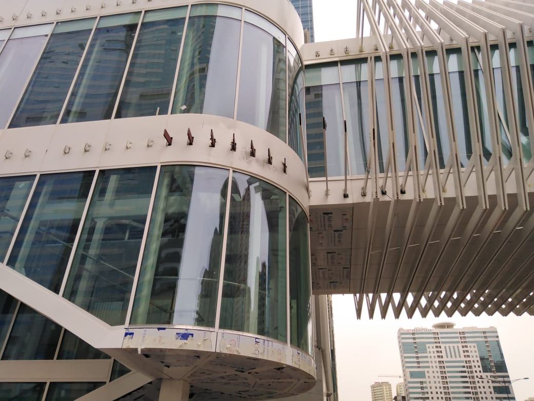 Curved glazing at the corner of a stair tower