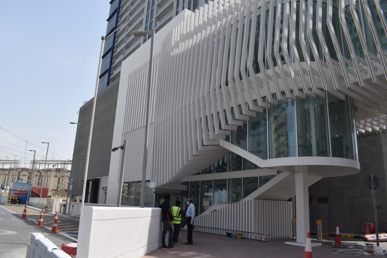 A stair tower with fins and glazing