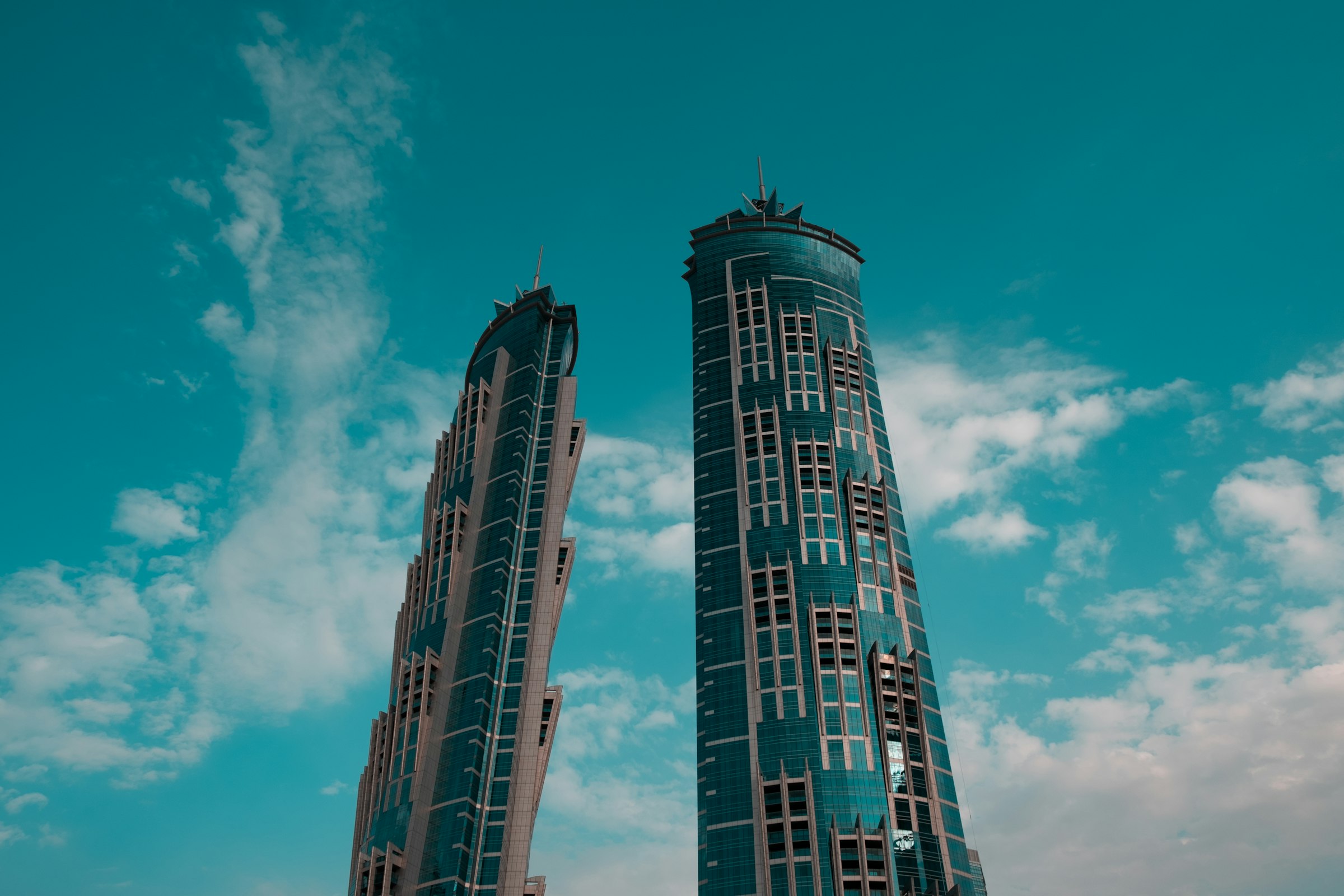 The two JW Marriott Marquis towers, seen from below