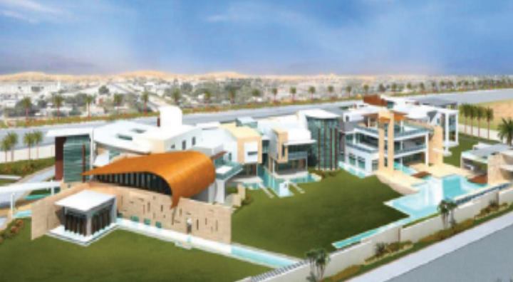 Rendering of a large private villa with glass walls, a pool and a curved roof
