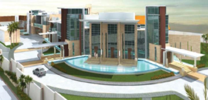 Rendering of the villa with tall glass walls and a pool