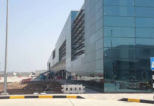 The glass curtain wall during construction