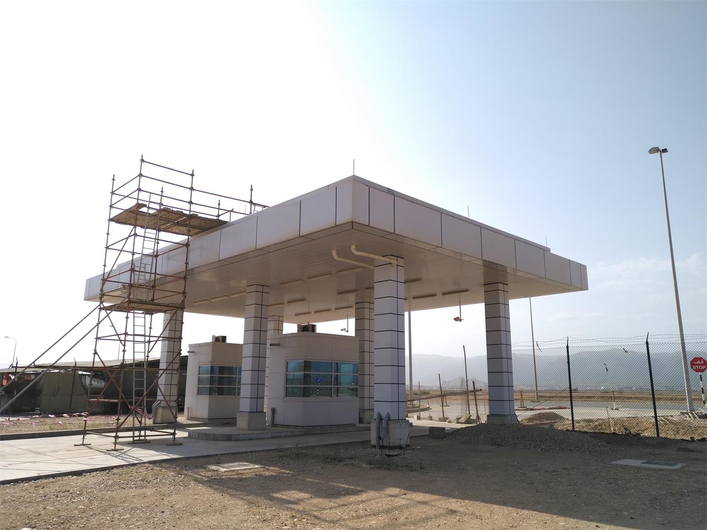 A gatehouse canopy during installation